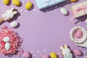 Chocolate eggs in a decorative nest with gifts