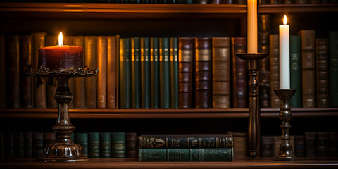 A candle-lit study with vintage volumes of classical literature on wooden shelves - obrazy, fototapety, plakaty