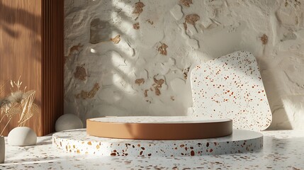 AI-driven creativity to design a mesmerizing image featuring a product display podium seamlessly integrated with a Terrazzo-textured backdrop 