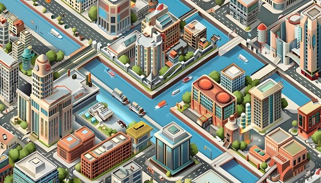 color illustration of isometric city map
