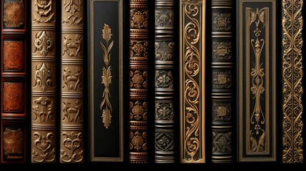 The intricate patterns on the spines of antique leather bound booksStudio shot luxurious design elegant simplicity