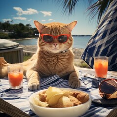 Cat with sunglasses at seaside resort - obrazy, fototapety, plakaty