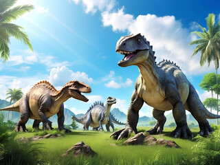 Obraz na płótnie Canvas Dinosaurs in the Triassic period age in the green grass land and blue sky background, Habitat of dinosaur, history of world concept.