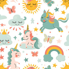 Obraz premium seamless pattern with animals, rainbows and unicorns