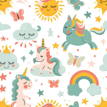 seamless pattern with animals, rainbows and unicorns