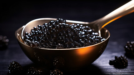 Black Caviar in a spoon on dark background