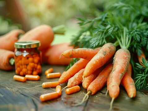 Beta-carotene  A cluster of vibrant orange carrots or a bottle of beta-carotene supplements