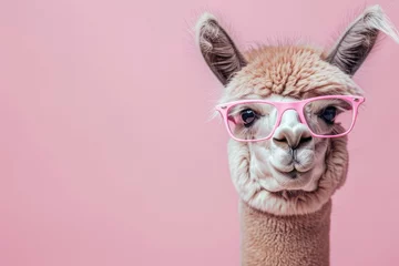 Poster photo portrait of an alpaca in pink glasses on a pastel pink background. There is empty space for text on the left © Al