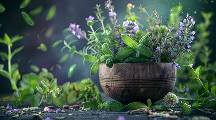 Serenity in nature: a rustic wooden bowl blossoming with wildflowers. harmonious green foliage backdrop. perfect for calm, soothing decor themes. AI