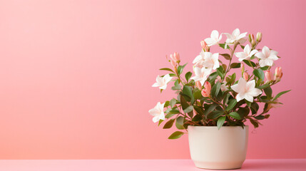 Fototapeta na wymiar Blooming white jasmine plant on an empty pink background