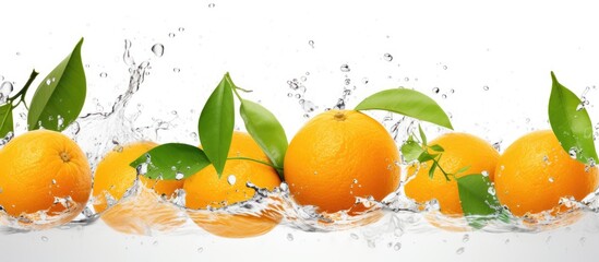 Citrus fruits like Valencia oranges, Clementines, and Tangerines are splashing in the water with leaves, creating a refreshing scene of natural foods
