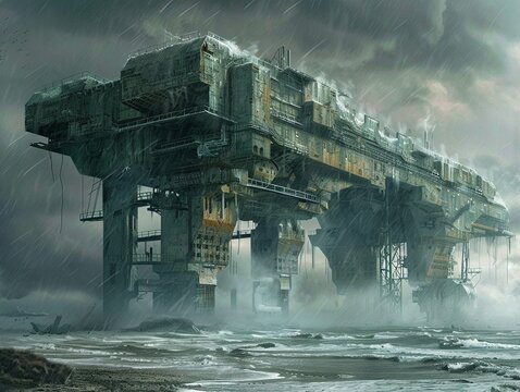 Concept Art of The Enigma of Site-13 stands against the stormy backdrop its structure defying logic and architectural principles.