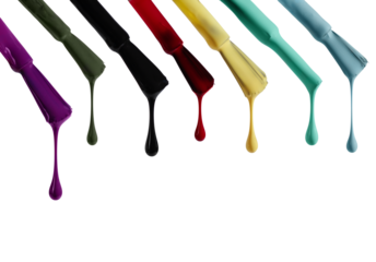 Variety of multicolored nail polish drops flowing from the brush isolated on transparent background. Set of gel nail polish swatches for design.