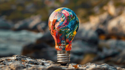 A fusion of vibrant oil paints coalesce into a radiant lightbulb, embodying creativity, innovation, and artistic inspiration