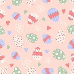 Cute Easter seamless pattern with bunnies, flowers, easter eggs.Beautiful background, great for Easter Cards, banner, textiles, wallpapers.Vector design