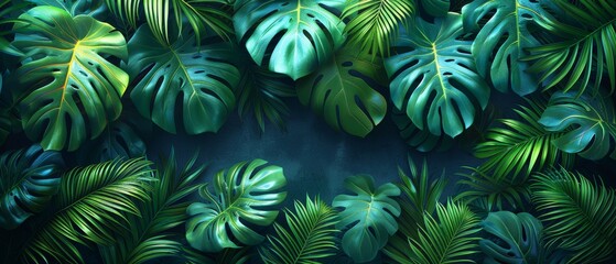 Fototapeta na wymiar Exotic plants background for banners, prints, decor, wall art. Green tropical forest wallpaper of monstera leaves, palm leaves, branches in hand drawn pattern.