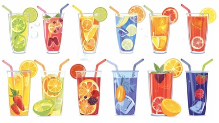 Drinks made of lemon, orange and berries. Cartoon modern set of summer drinks - lemonade, cocktails, and ice cubes with fruit slices.