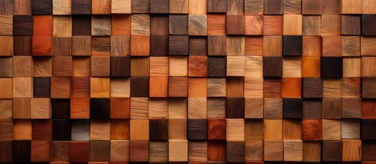 A closeup of a wooden wall constructed with brown rectangular wooden squares. The artistic flooring material property boasts beige tints and shades, serving as a unique building material