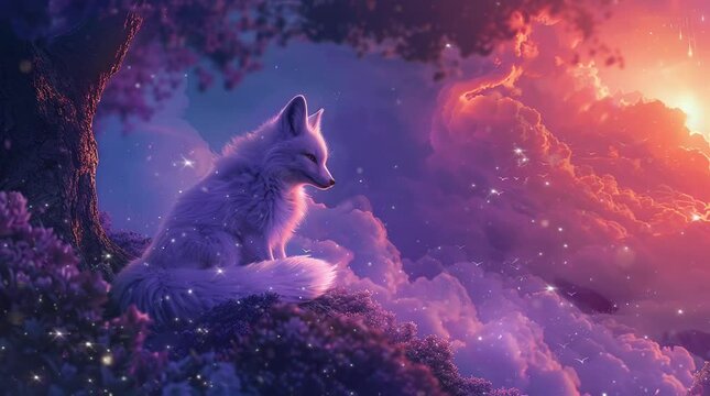 Graceful white wolf sitting amidst a dreamy cloudy landscape in a fantasy world Seamless looping 4k time-lapse virtual video animation background. Generated AI