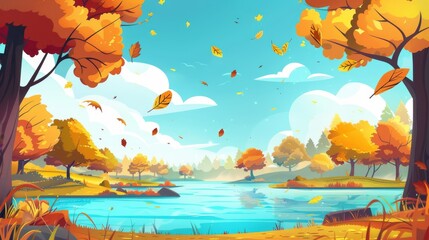 The autumn forest lake with yellow leaves. Modern illustration of golden leaves flying in the wind above blue water, fall season in fairytale valley, clouds in the sky, beautiful travel scene.