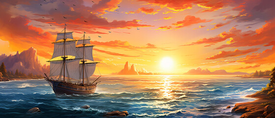 Fantasy Oil painting sunset sea landscape with ship  - obrazy, fototapety, plakaty