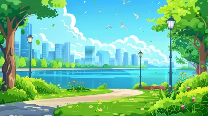 Ingelijste posters City promenade with lake. Modern cartoon illustration of urban park alley with street lanterns, green trees, bushes, grass, flowers and modern buildings on the opposite bank. © Mark