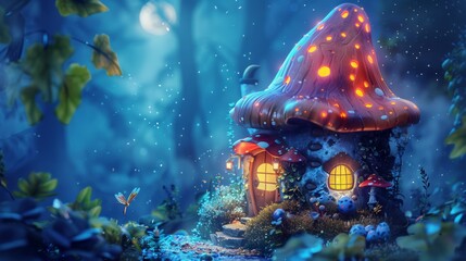 The gnome magic house was made of mushroom and had a small door and window. Cartoon fantastic elf or dwarf hut in the forest with glowing neon fungus.