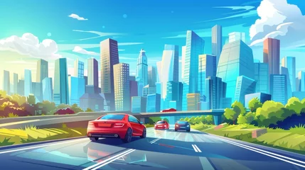 Poster Modern cartoon illustration of traffic on urban road, skyscraper buildings, blue sunny sky with white clouds, urban landscape, cars driving toward modern city. © Mark