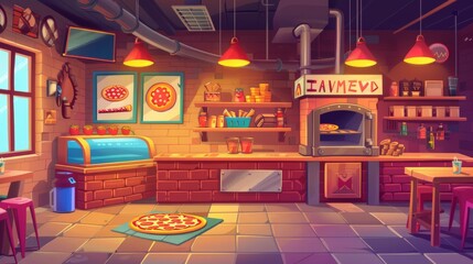 Interior of a pizza restaurant including an oven for baking, a display case filled with snacks and drinks, a menu wall banner, and cardboard boxes for taking orders. Cartoon modern set of pizza