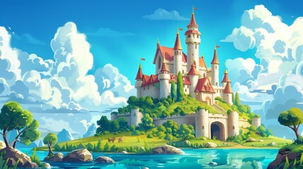 This is a cartoon modern summer landscape of an ancient magic palace with towers surrounded by water. A medieval castle with clouds in blue sky.