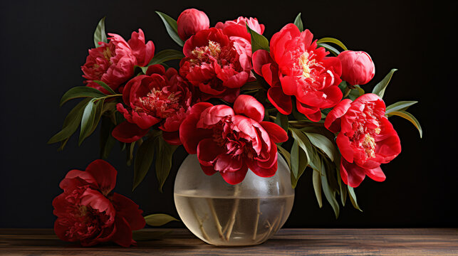 Bouquet of peony flowers red color in glass vase