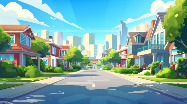 Modern illustration of urban street against big city background. Urban street with suburban houses, green lawns and bushes, skyscrapers on horizon, modern architecture and blue sky.