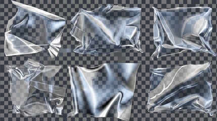 A realistic modern illustration set of cellophane or polythene wrapper mockup with folds and wrinkles. Total with wrinkles and folds.