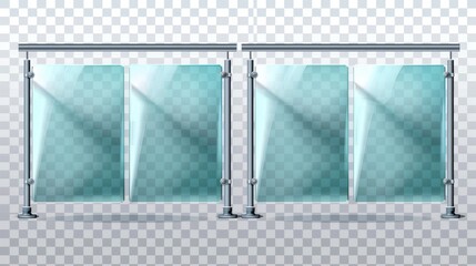 This modern illustration shows glass handrails on transparent background, a 3D plastic barrier and an interior plexiglass fence. - obrazy, fototapety, plakaty