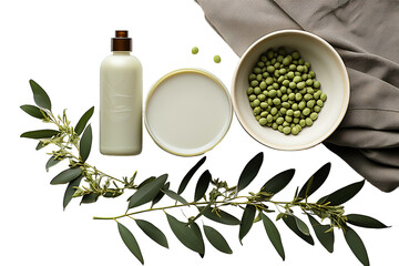 Organic and minimalistic flat lay of herbs and balms for a natural wellness concept , top view. isolated on a Transparent background. Generative AI - obrazy, fototapety, plakaty
