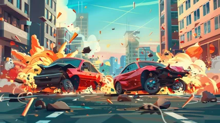 Fototapeten Two cars collide on a city street near high rise buildings. Cartoon modern illustration of crushed burning vehicles with broken bumpers, fire and smoke. © Mark