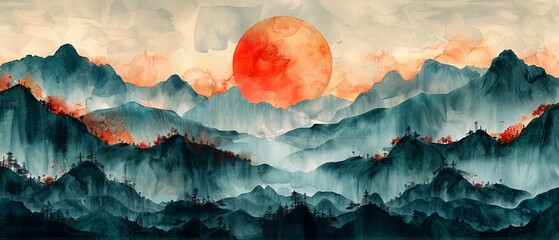 Modern abstract art background with mountains and sun. Luxury watercolor background with line art and brush texture. Wallpaper design for covers, banners, wall art, and home decoration.