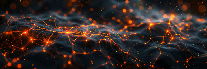 3D render of glowing network connections and neural networks on a black background,3d render abstract Futuristic grid wave background with gradient and dots.Shiny colorful wave flow particles texture