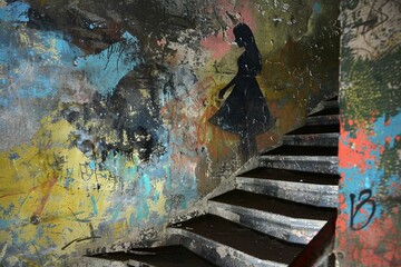 Street Art of Captured in a moment of ascent the stairwell looms