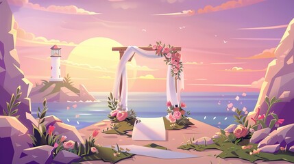 This cartoon modern illustration depicts an outdoor wedding ceremony at sunset at the shore with a lighthouse and altar under an arch draped with flowers. This illustration shows an outdoor wedding