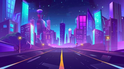 Foto auf Acrylglas Violett In the night, an empty road leads to a city with a skyscraper and neon lights. Cartoon modern landscape with a highway leading into town. Bright purple cityscape at night.