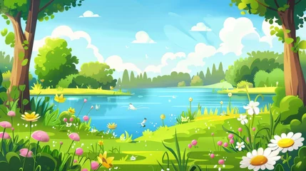 Tragetasche A modern illustration of the natural scenery in a summer landscape, featuring a lake with blue water, bushes, trees, a white cloudy sky, and bushes. © Mark