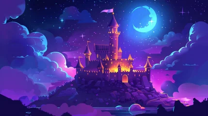 Tuinposter In an ancient fairytale palace, a flag stands on the tower under a starry sky with clouds and moonlight. Fantasy kingdom building at night. Cartoon modern painting. © Mark