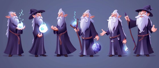 Cartoon modern illustration of various old sorcerer and magician with long grey beards casting spells. Wise fantasy warlock with magic fogs and wizardry balls.