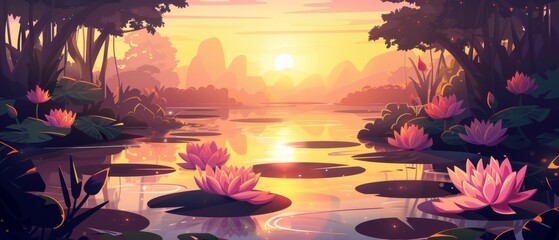 At sunset, a swampy jungle scene is depicted with lotus flowers in the shadow of jungle trees, with the sun rising on the horizon in an idyllic setting. Modern illustration of calm shoreline with