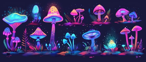 Fototapeta premium The perfect collection of colorful trippy mushrooms. Cartoon fluorescent psychedelic fungi with a magic fairy alien glowing crazy hallucinogen fungus printed on grass.