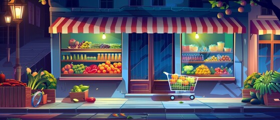 Building facade of supermarket building at night. Modern cartoon illustration showing grocery store window and entrance door, shopping cart full of groceries on pavement, fruit and vegetables for
