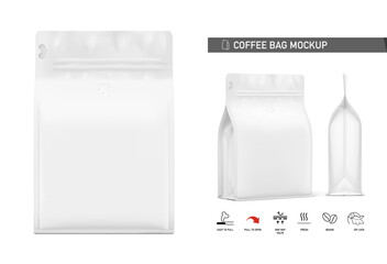 Realistic coffee bag mockup. Vector illustration isolated on white background. Front, half side and side views. The set helps to present coffee. Can be use for your design, advertising. EPS10.