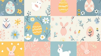 Modern seamless pattern of an easter egg with a flower, a rabbit, and a chick. Made to print on fabrics, wallpaper, covers, packaging, kids, or advertisements.
