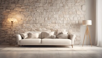 
A modern living room in a Mediterranean-style home features a white sofa adorned with beige pillows, positioned near a window with a view, against a backdrop of a stone-clad wall.
